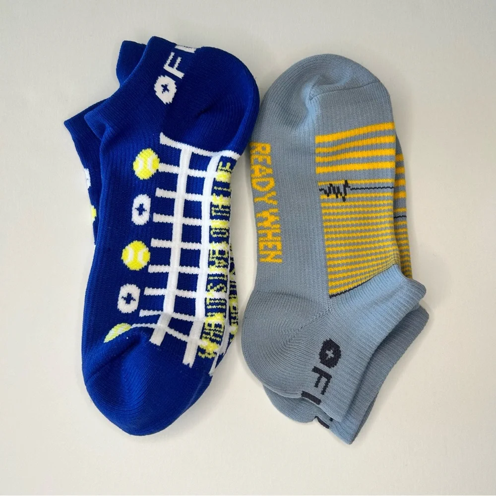 FIGS New 2 Ankle Socks READY WHEN YOU ARE Gray Yellow Blue Yellow Tennis Small